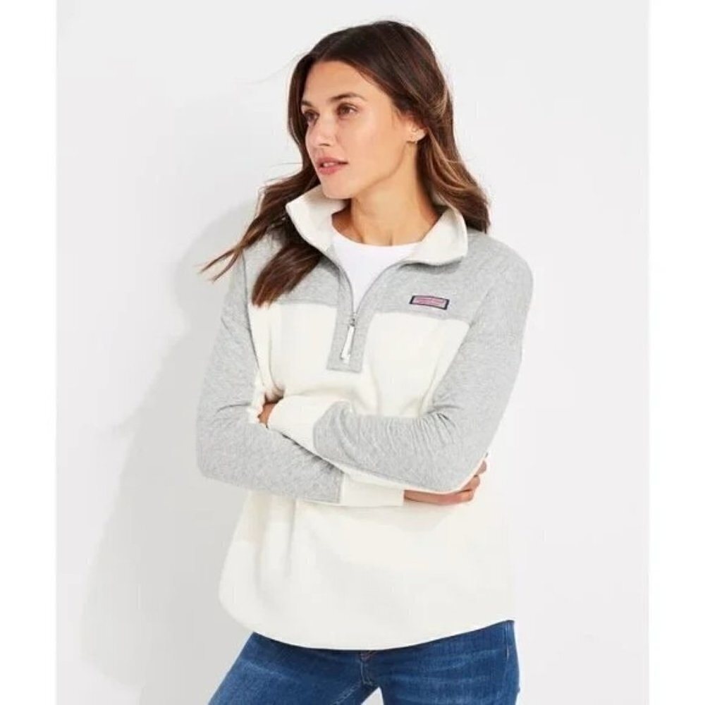 Vineyard Vines Mixed Media Cream & Gray Quarter Zip Pullover Sherpa L